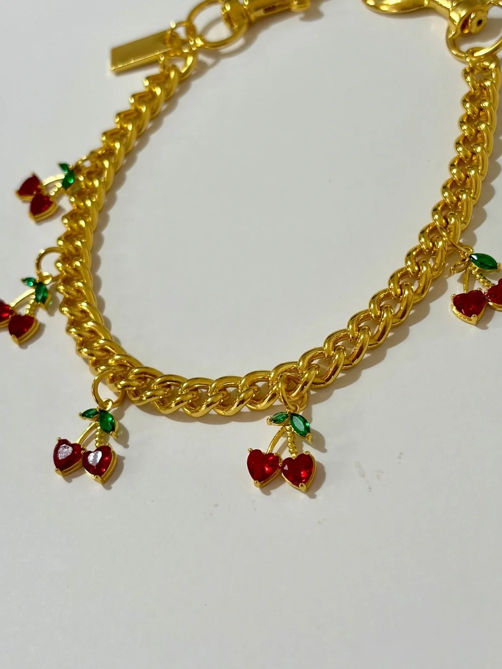 Gold-Tone Cherry Bag Charm Key Holder Chain - Red/Green Accents